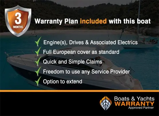 Warranty plan with this boat includes three months of cover, engine details, European cover, simple claims, and service options.